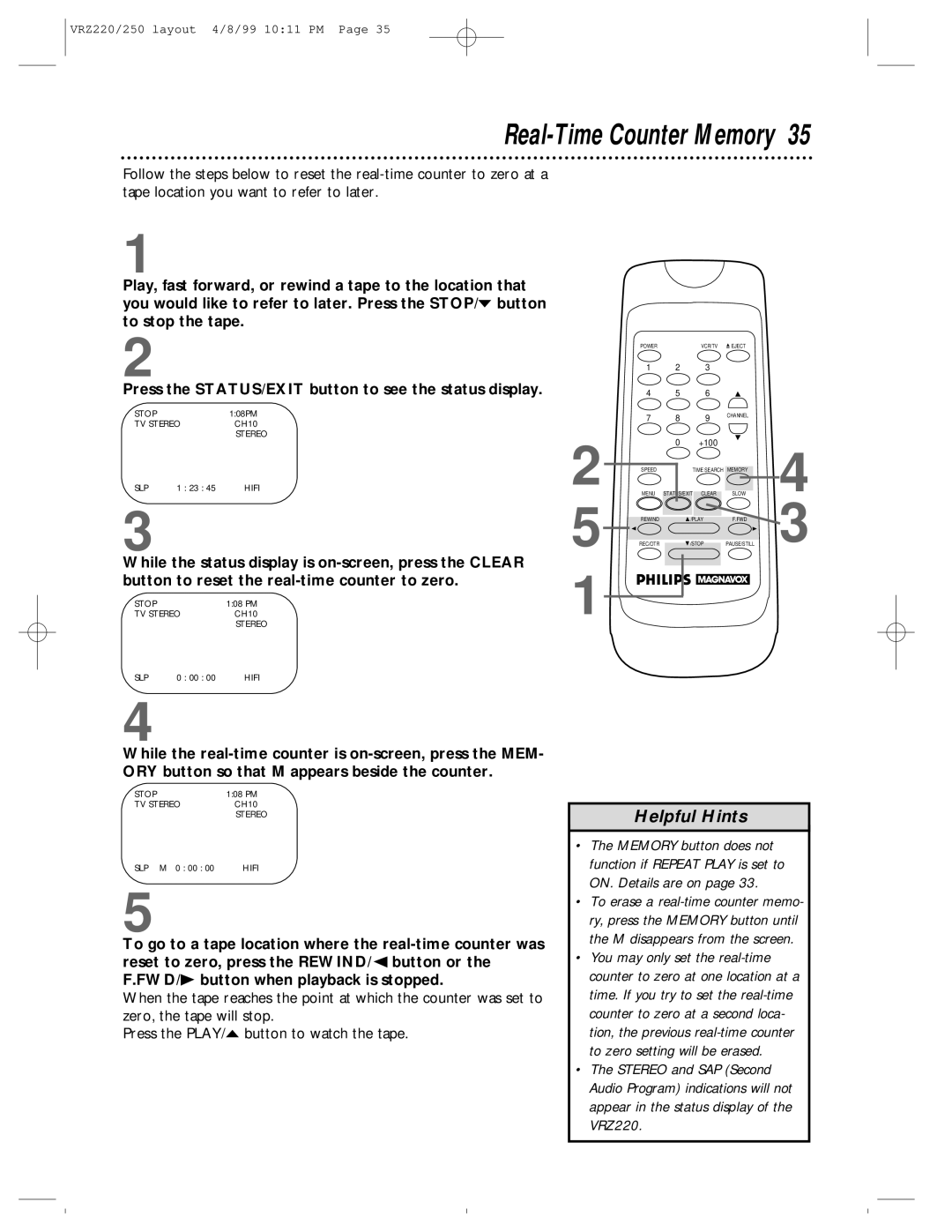 Philips VRZ220AT, VRZ250AT owner manual Real-Time Counter Memory 