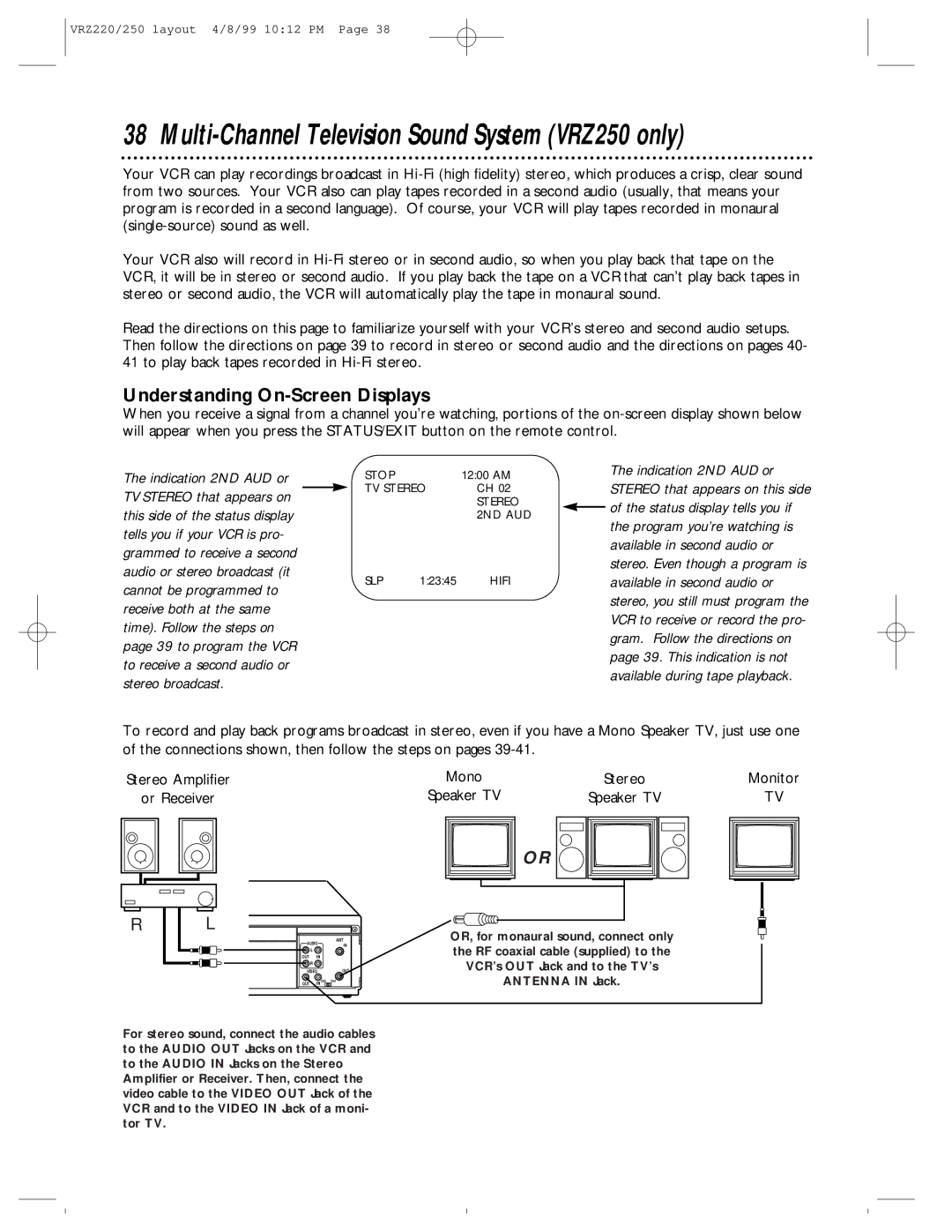 Philips VRZ250AT, VRZ220AT owner manual Understanding On-Screen Displays, Mono, Monitor, Or Receiver 