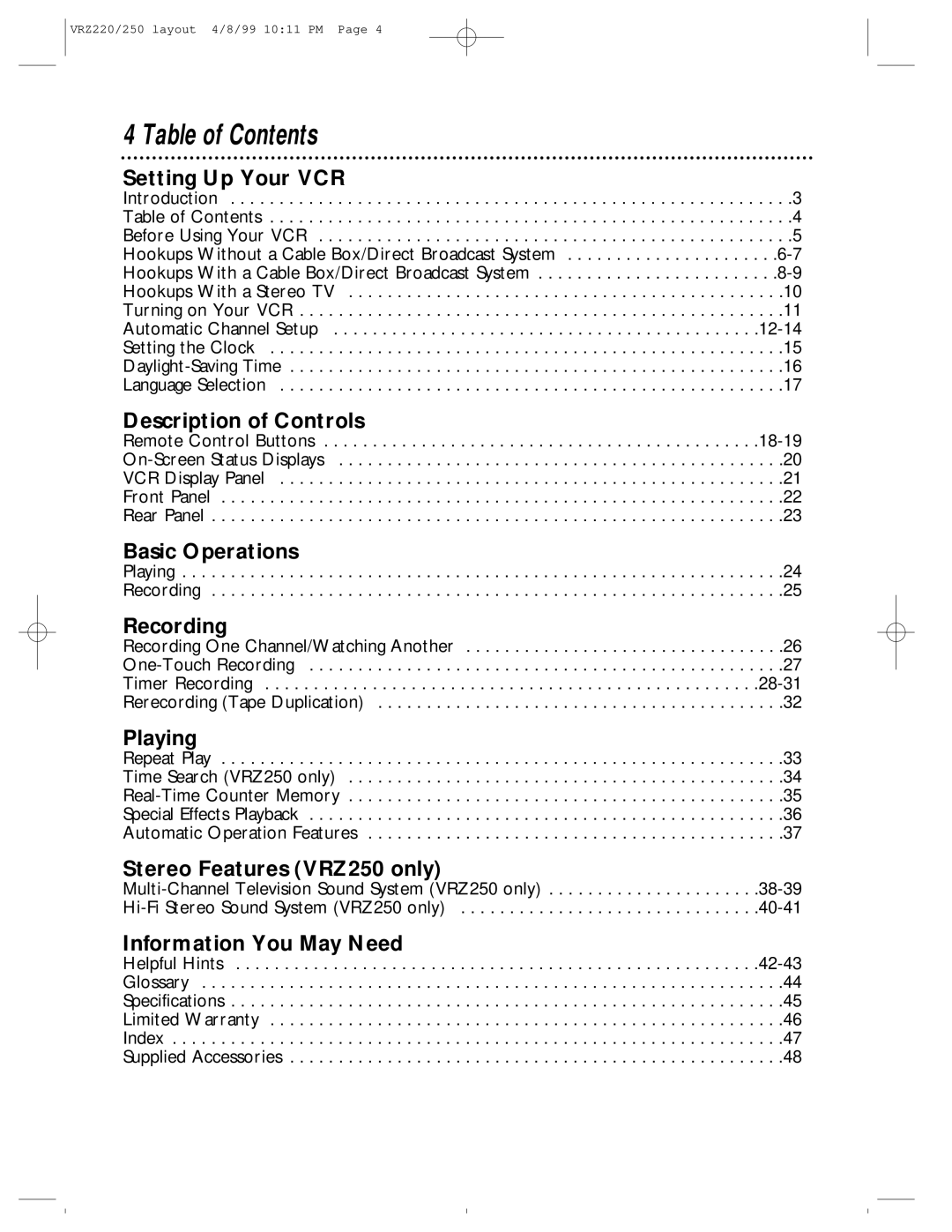 Philips VRZ250AT, VRZ220AT owner manual Table of Contents 