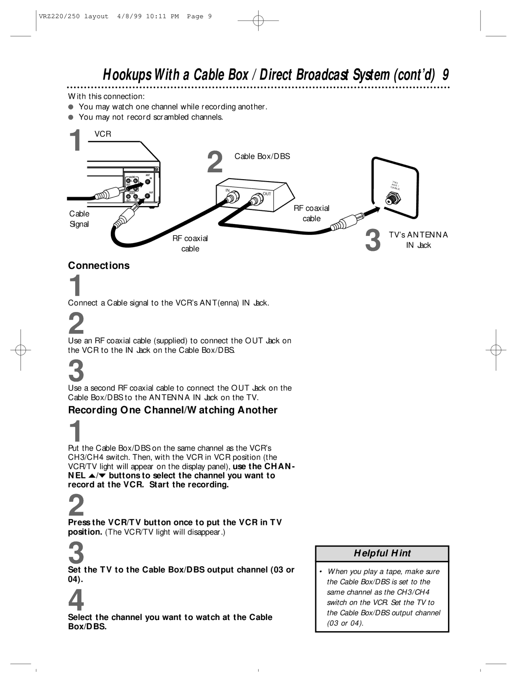 Philips VRZ220AT, VRZ250AT Recording One Channel/Watching Another, Cable Box/DBS, RF coaxial Cable TV’s Antenna Jack 