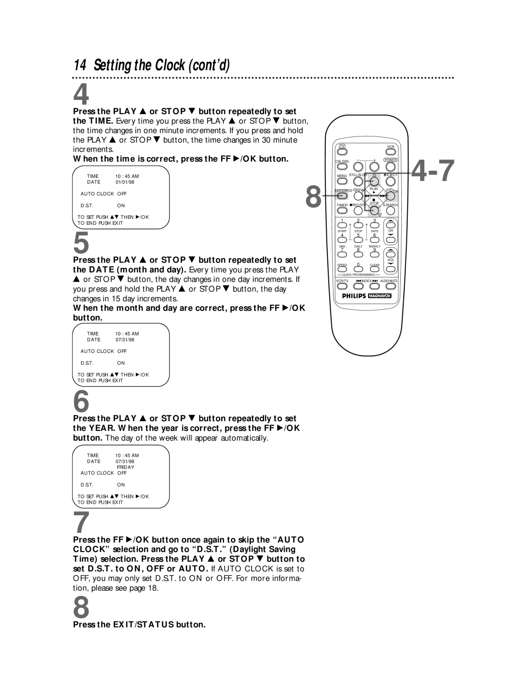 Philips VRZ255 owner manual Setting the Clock cont’d, When the month and day are correct, press the FF /OK button 