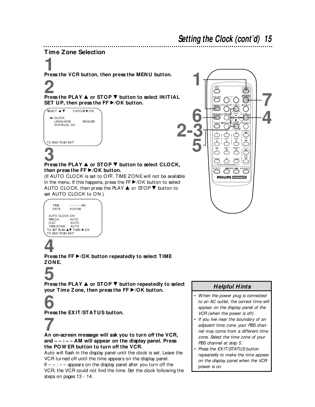 Philips VRZ255 owner manual Time Zone Selection, Press the FF /OK button repeatedly to select Time 