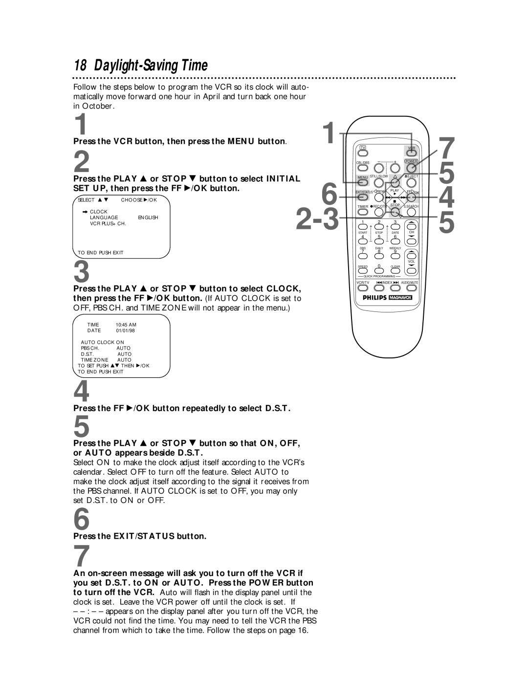 Philips VRZ255 owner manual Daylight-Saving Time, OFF, PBS CH. and Time Zone will not appear in the menu 