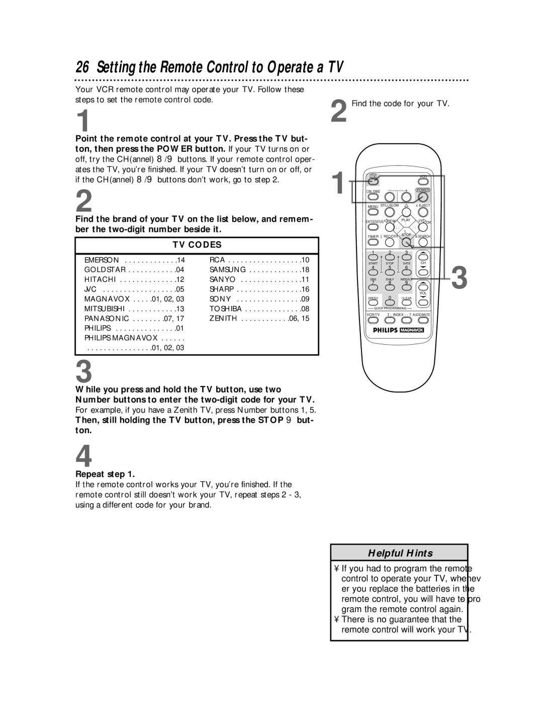 Philips VRZ255 owner manual Setting the Remote Control to Operate a TV, Find the code for your TV 