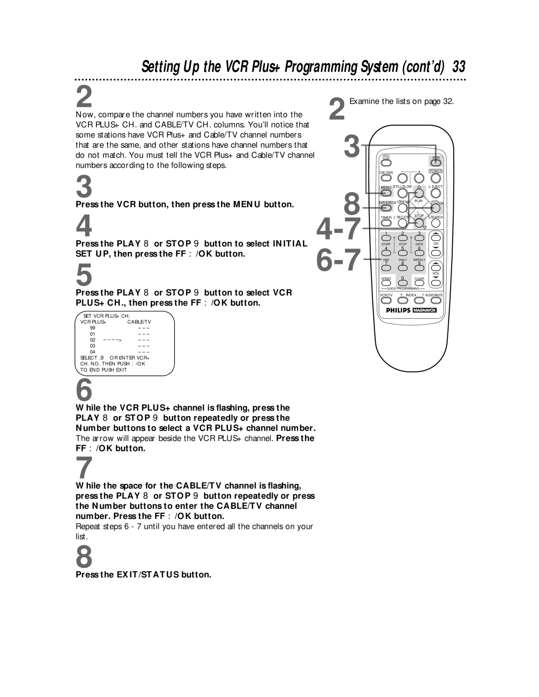 Philips VRZ255 owner manual Setting Up the VCR Plus+ Programming System cont’d, 2Examine the lists on 