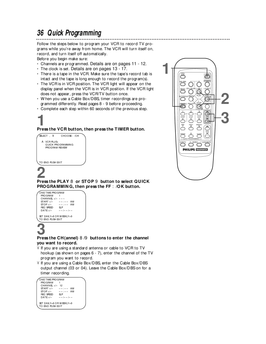 Philips VRZ255 owner manual Quick Programming, Complete each step within 60 seconds of the previous step 