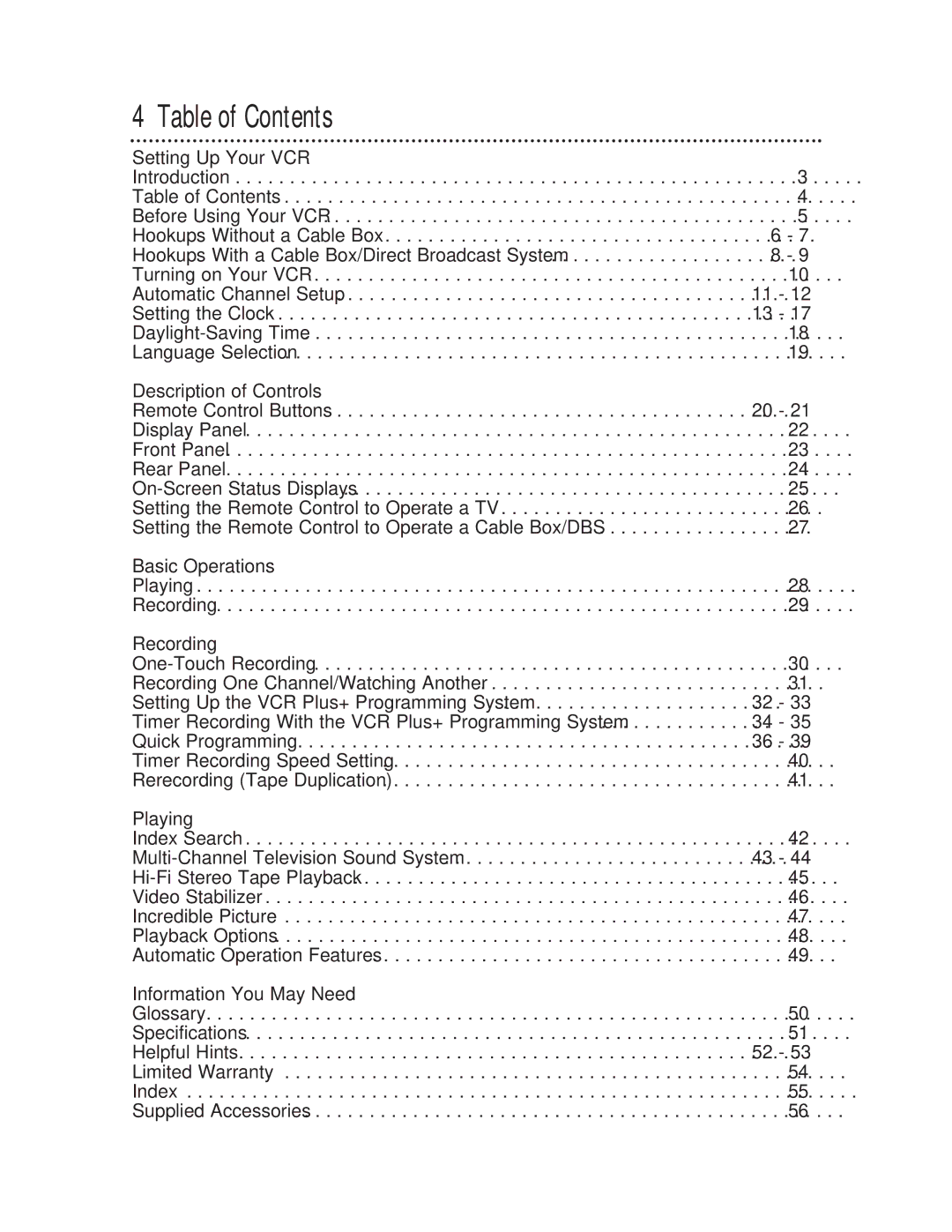 Philips VRZ255 owner manual Table of Contents 