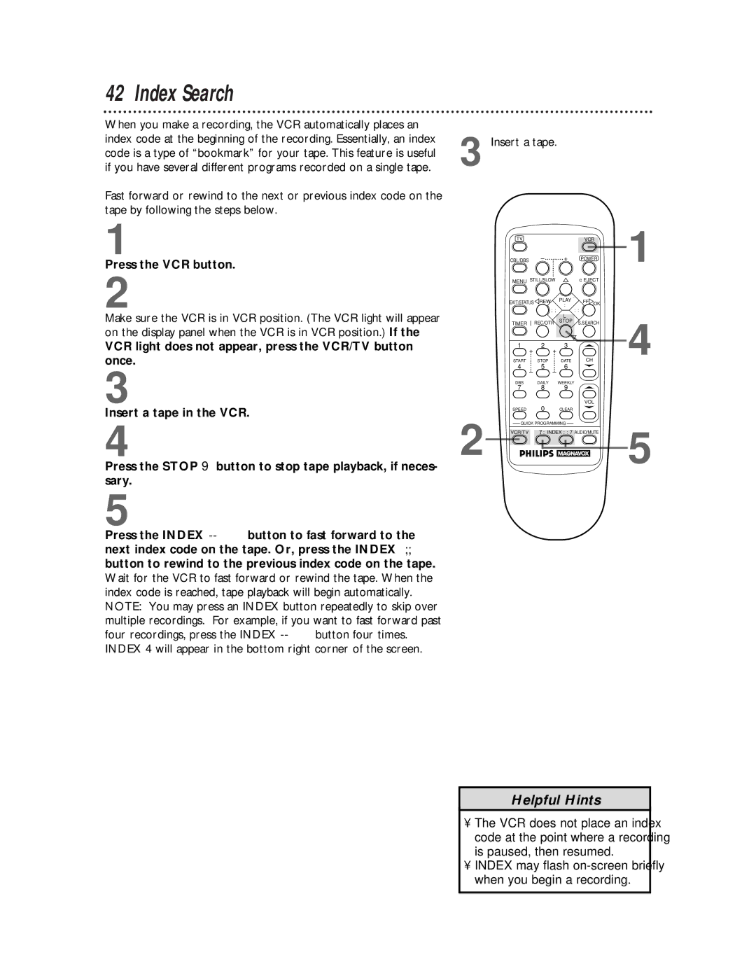 Philips VRZ255 owner manual Index Search, Press the VCR button 