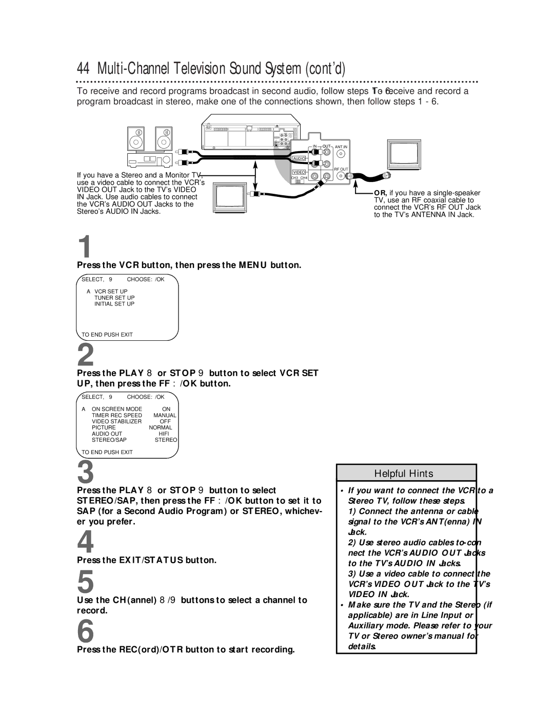 Philips VRZ255 owner manual Multi-Channel Television Sound System cont’d, Press the VCR button, then press the Menu button 