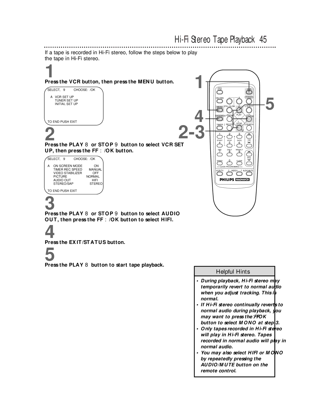 Philips VRZ255 owner manual Hi-Fi Stereo Tape Playback 