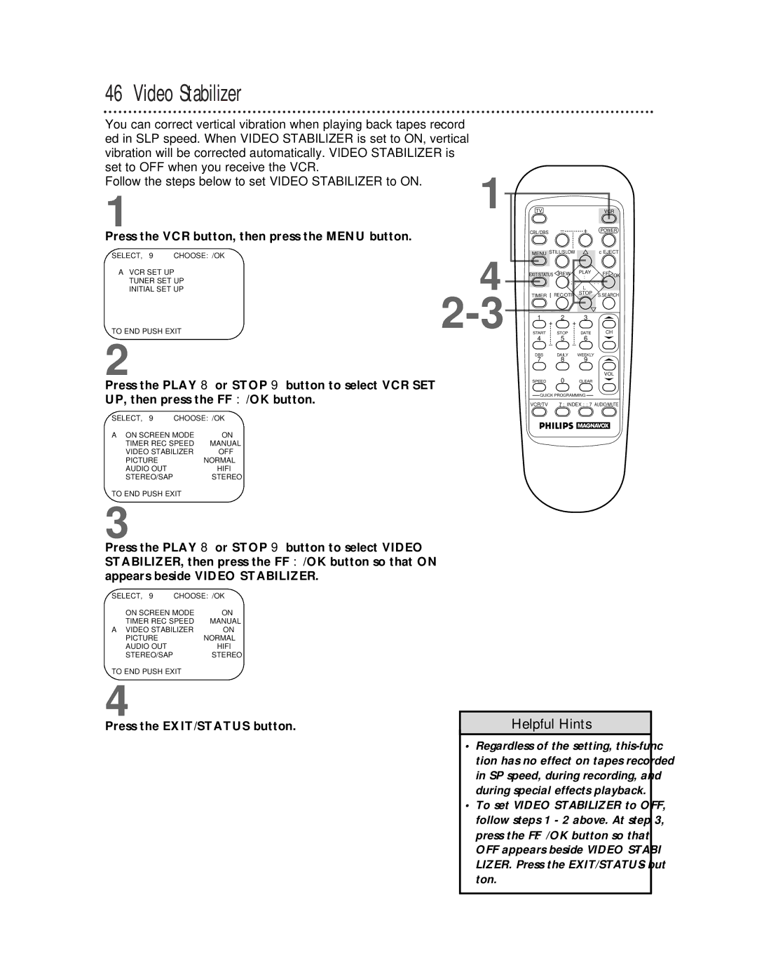 Philips VRZ255 owner manual Video Stabilizer 