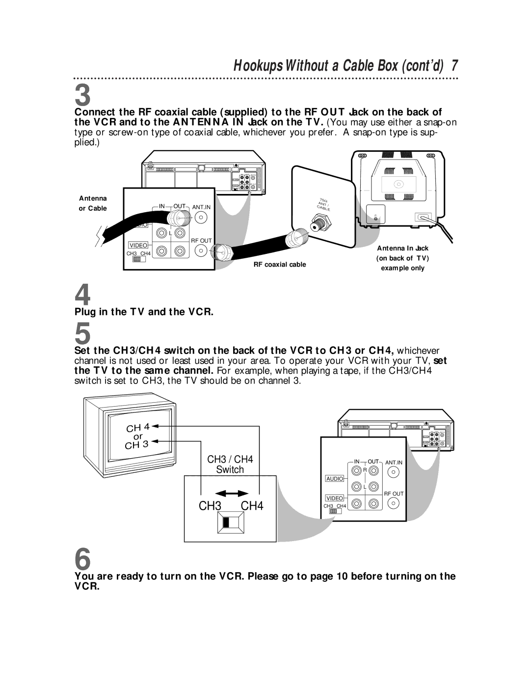 Philips VRZ255 owner manual Hookups Without a Cable Box cont’d, CH3 CH4 