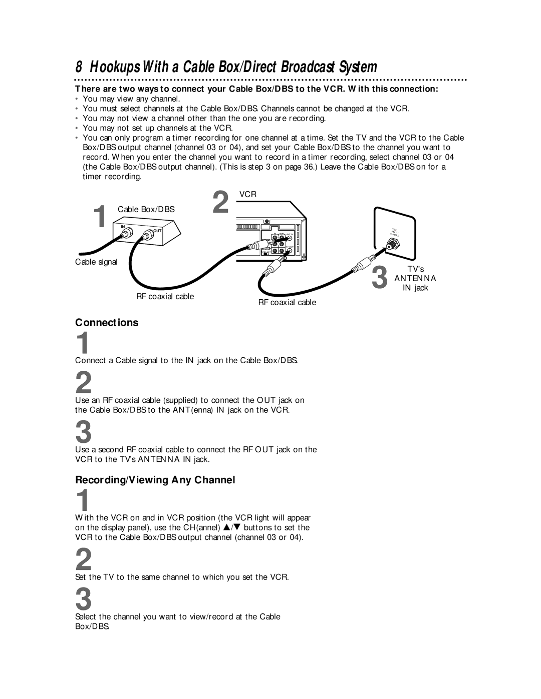 Philips VRZ255 owner manual Hookups With a Cable Box/Direct Broadcast System, Connections, Recording/Viewing Any Channel 