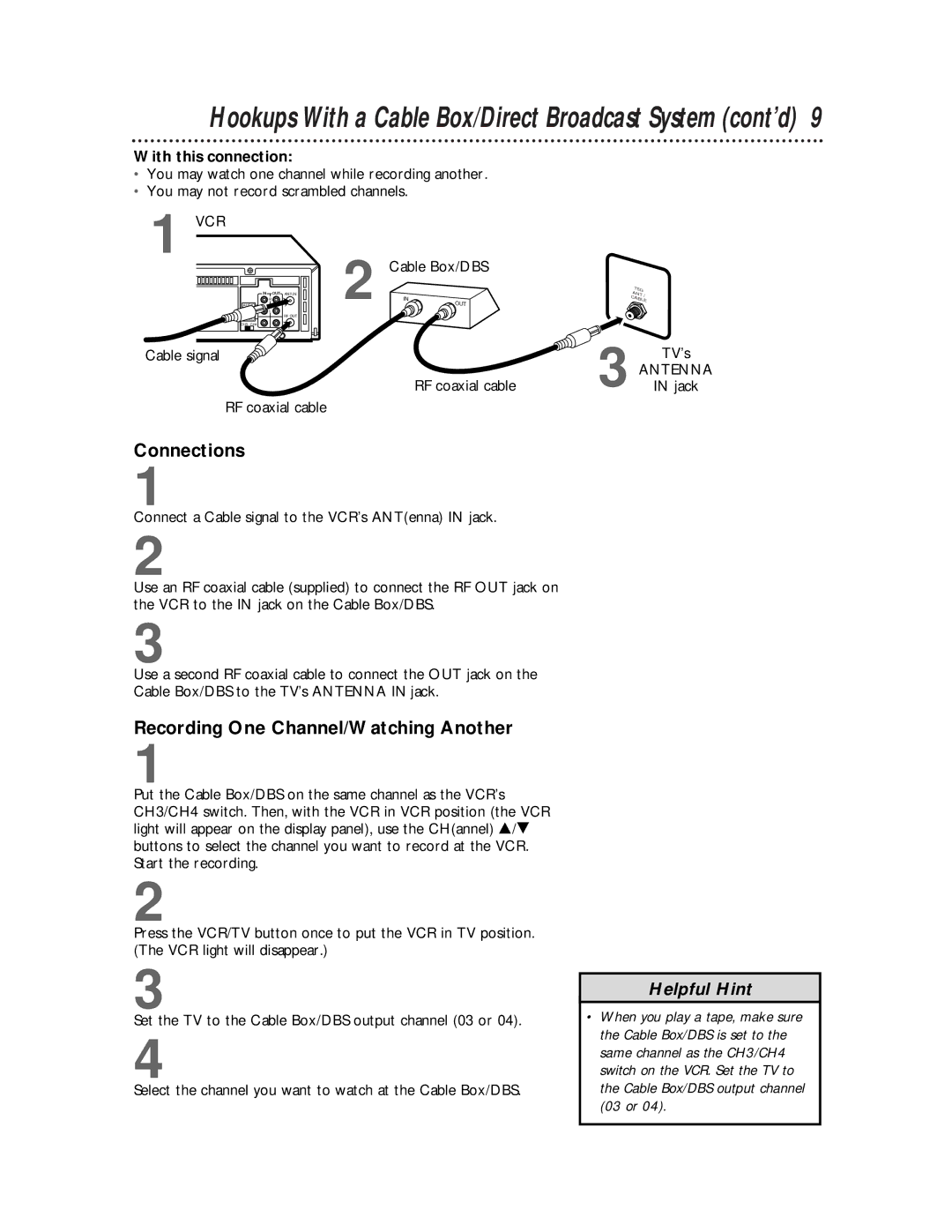 Philips VRZ255 owner manual Recording One Channel/Watching Another, With this connection, Cable Box/DBS, Jack 