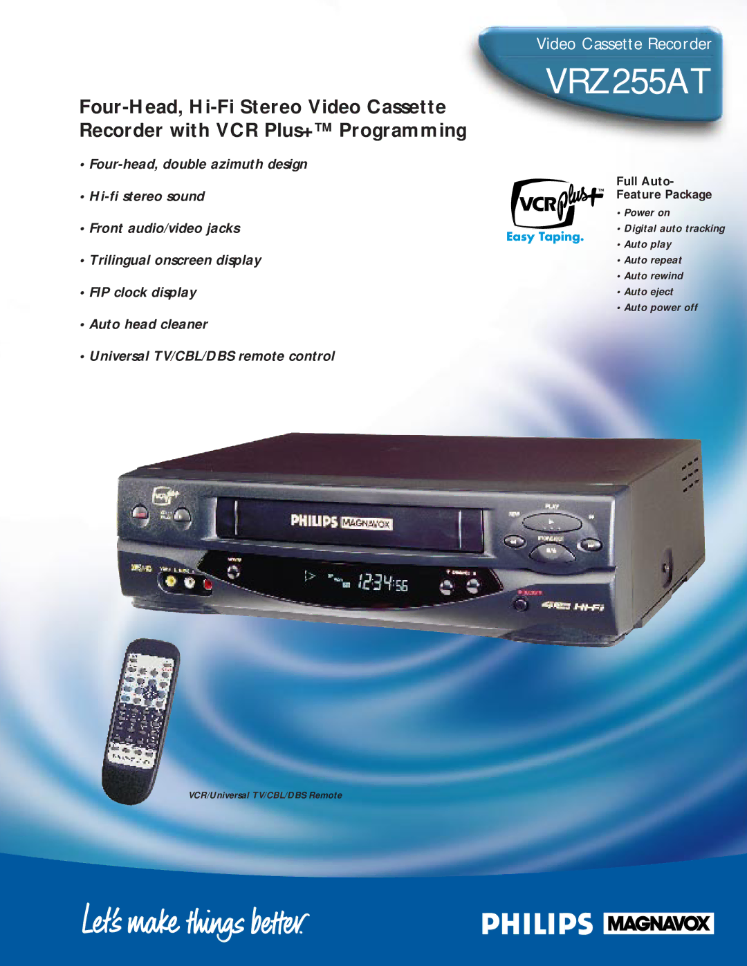 Philips VRZ255AT manual Full Auto- Feature Package, VCR/Universal TV/CBL/DBS Remote 