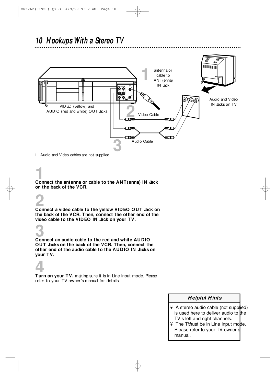 Philips VRZ262AT owner manual Hookups With a Stereo TV 