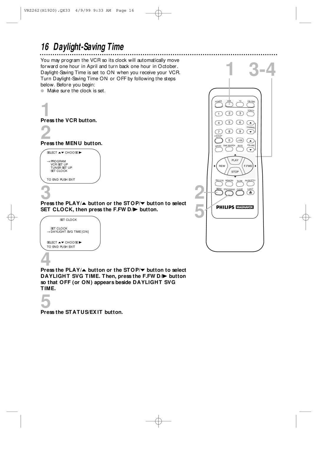 Philips VRZ262AT owner manual Daylight-Saving Time 