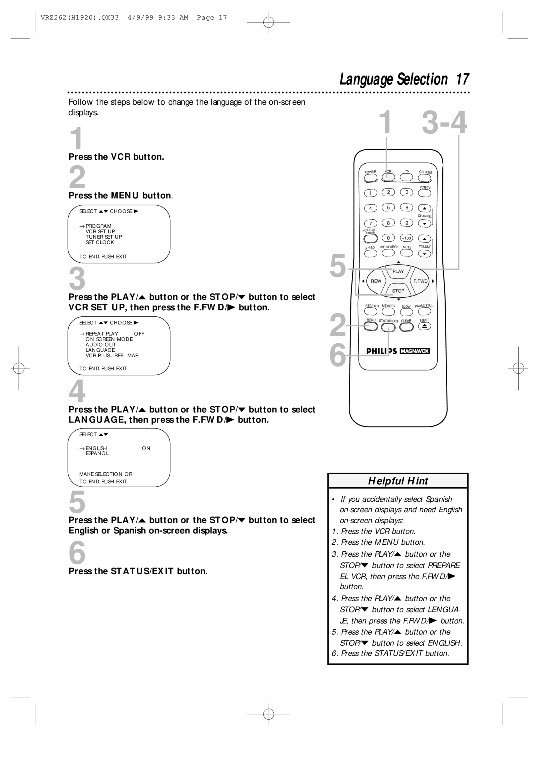 Philips VRZ262AT owner manual Language Selection 