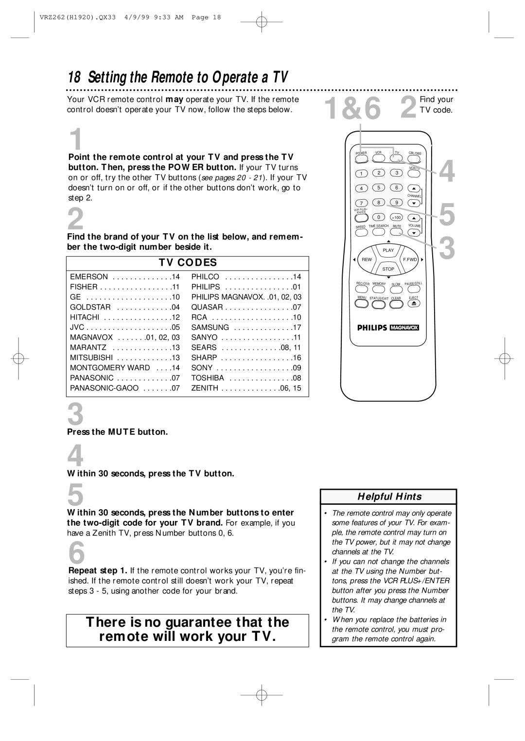 Philips VRZ262AT owner manual Setting the Remote to Operate a TV 