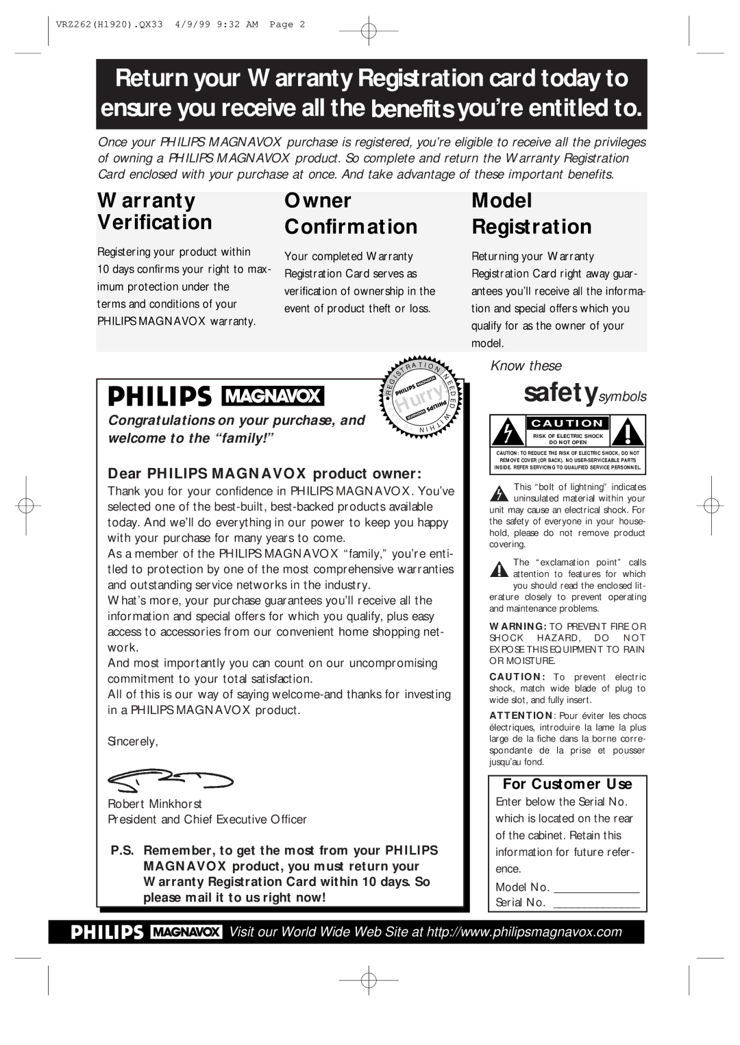 Philips VRZ262AT owner manual Dear Philips Magnavox product owner, For Customer Use 