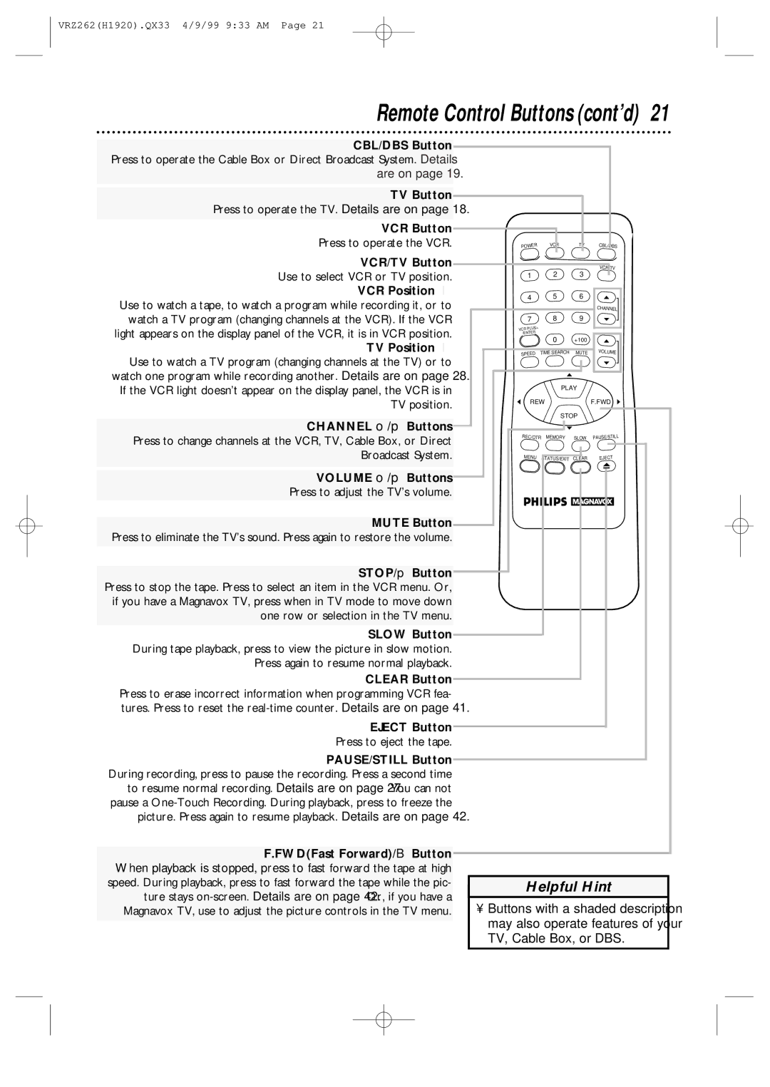 Philips VRZ262AT owner manual Remote Control Buttons cont’d 