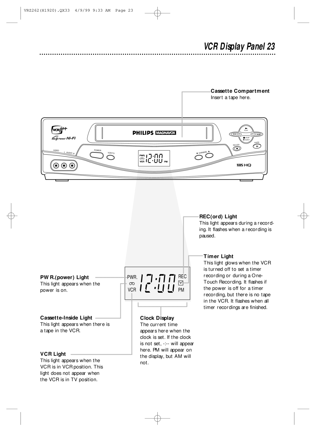 Philips VRZ262AT owner manual VCR Display Panel 