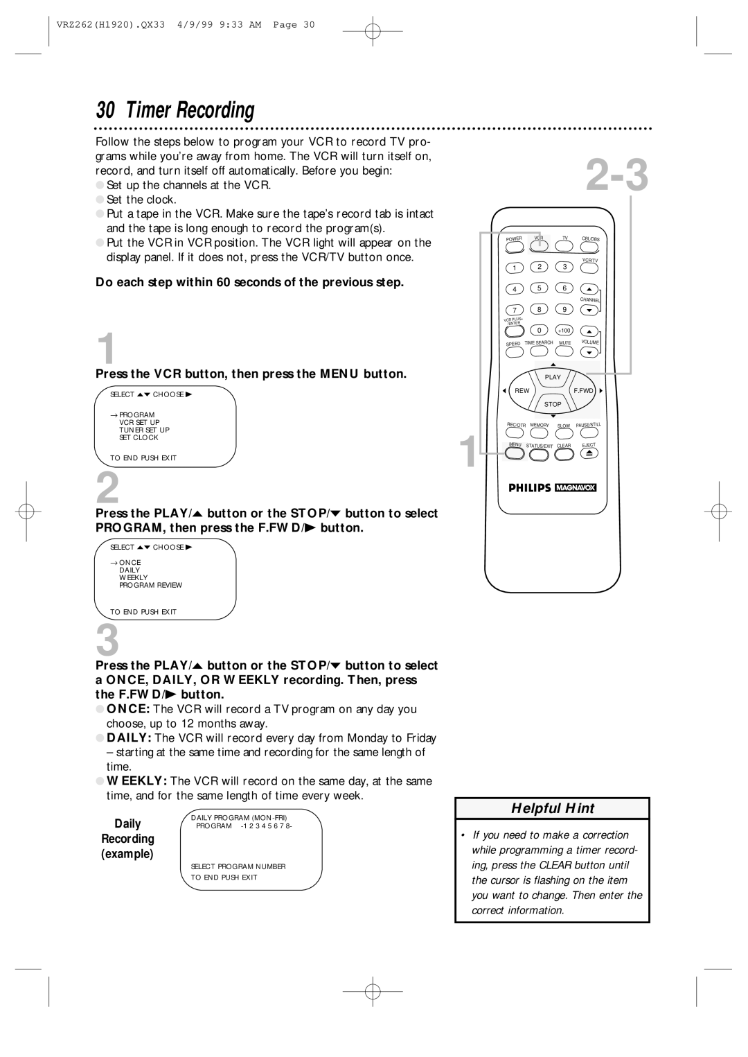 Philips VRZ262AT owner manual Timer Recording, Daily 