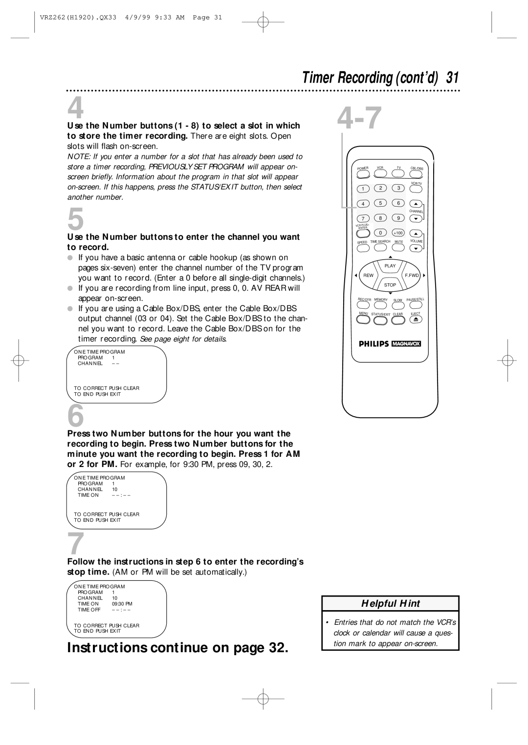 Philips VRZ262AT owner manual Timer Recording cont’d 