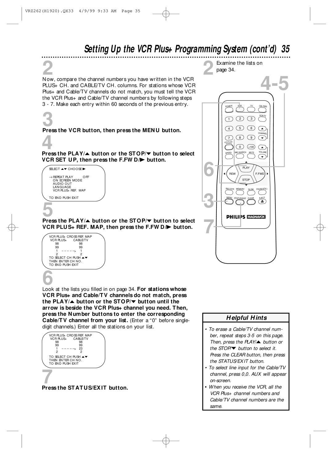 Philips VRZ262AT owner manual Setting Up the VCR Plus+ Programming System cont’d 