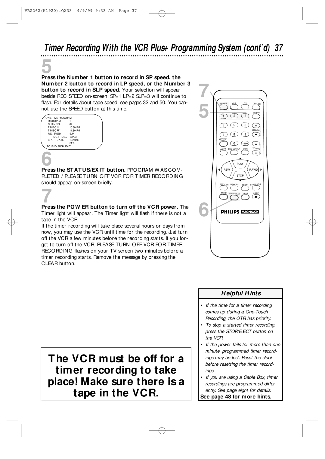 Philips VRZ262AT owner manual Timer Recording With the VCR Plus+ Programming System cont’d 