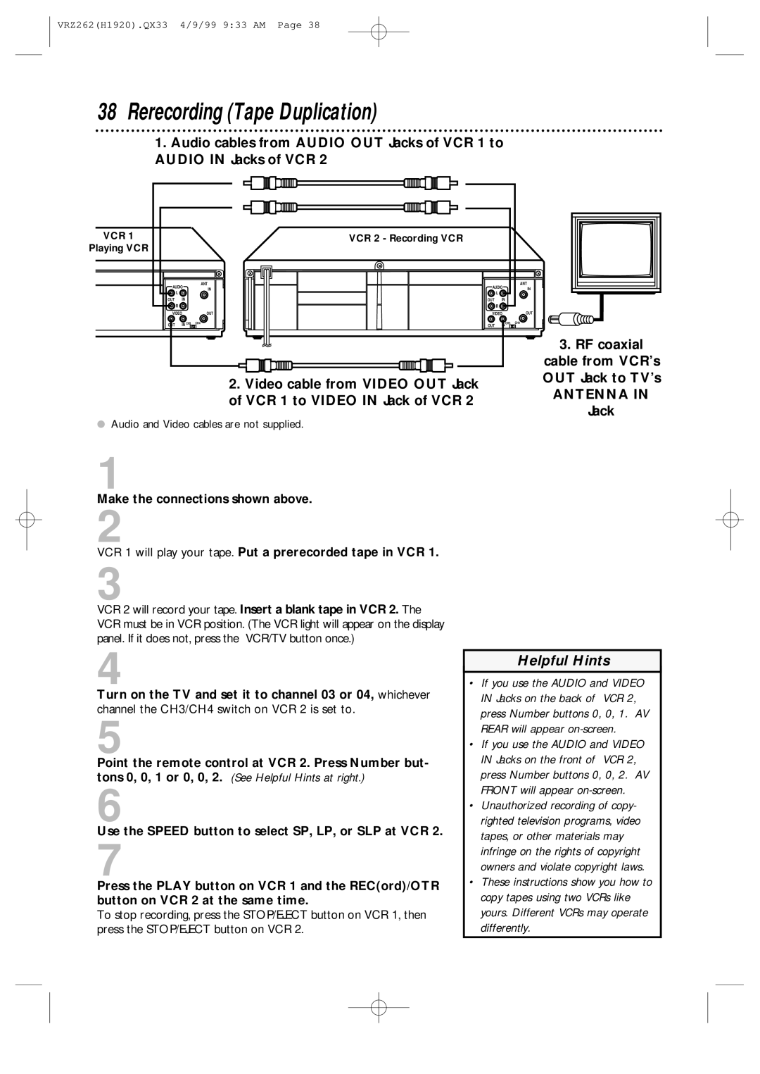 Philips VRZ262AT owner manual Rerecording Tape Duplication, Vcr 