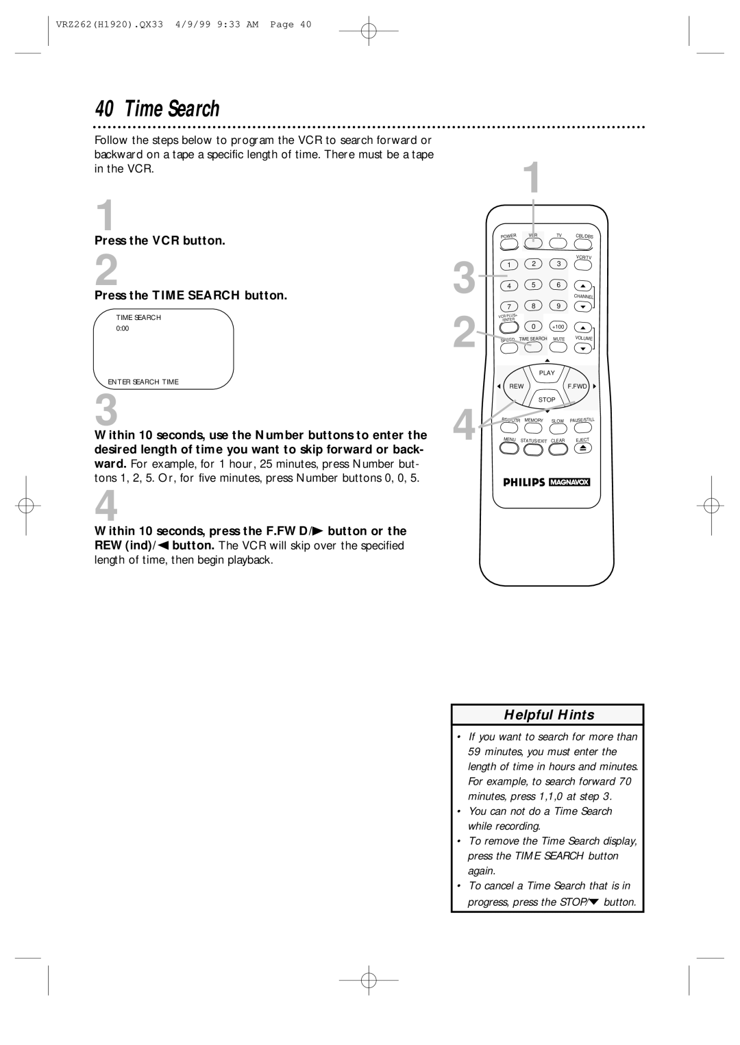Philips VRZ262AT Press the VCR button Press the Time Search button, Within 10 seconds, use the Number buttons to enter 