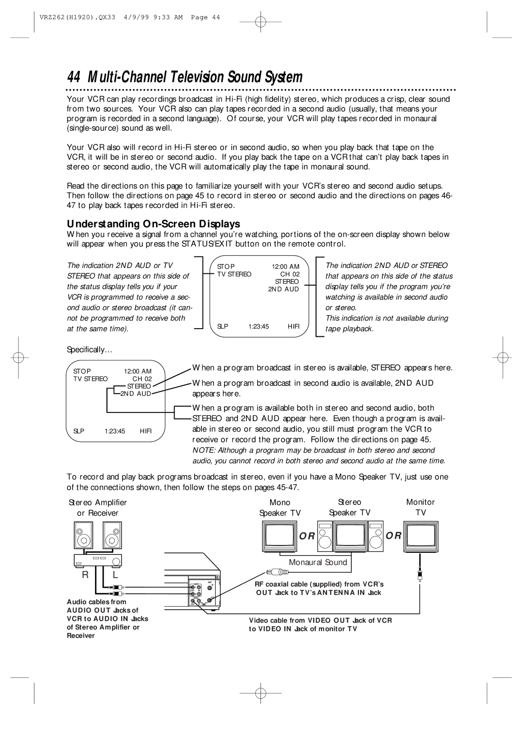 Philips VRZ262AT owner manual Multi-Channel Television Sound System, Understanding On-Screen Displays 