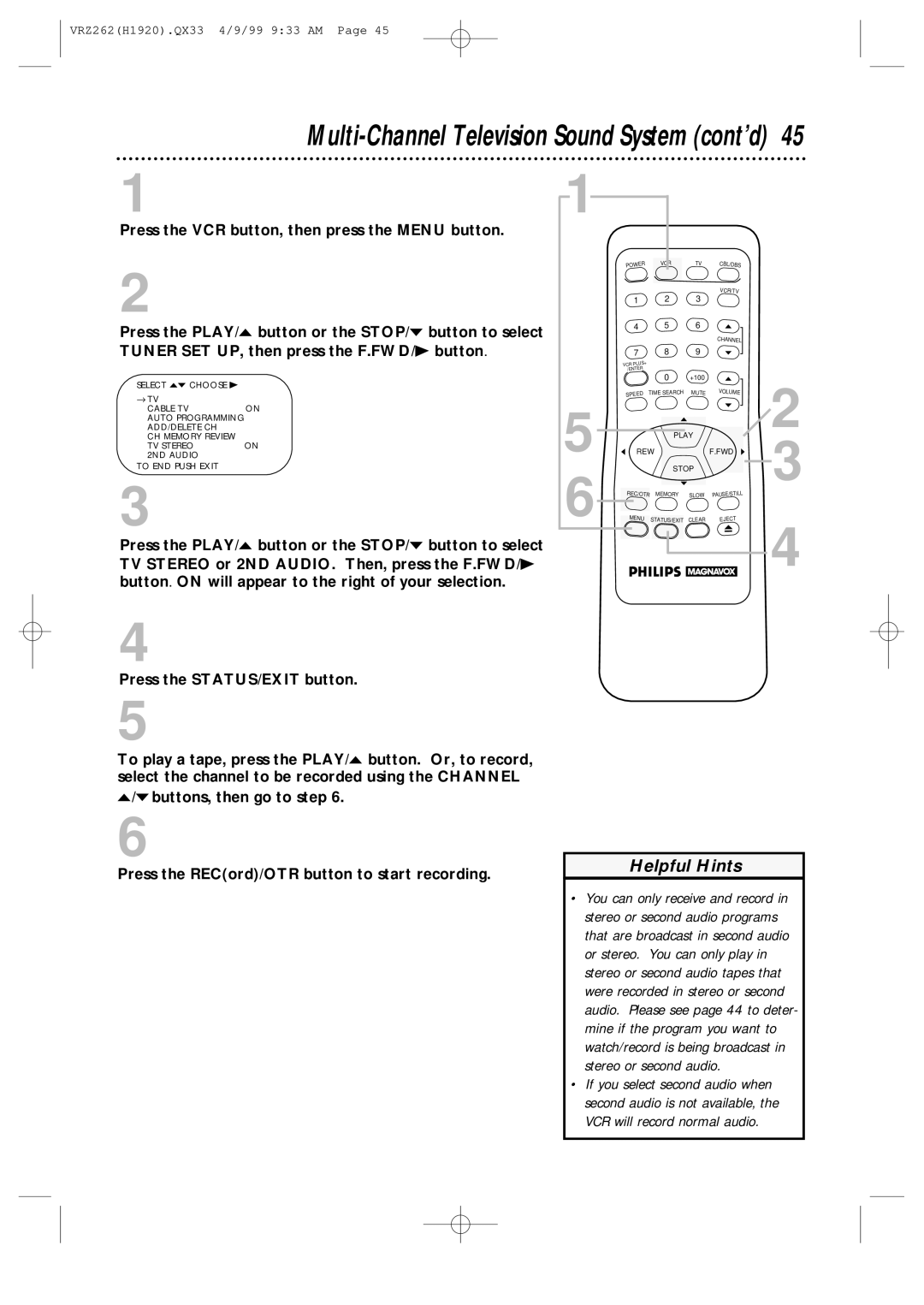 Philips VRZ262AT owner manual Multi-Channel Television Sound System cont’d, Press the RECord/OTR button to start recording 