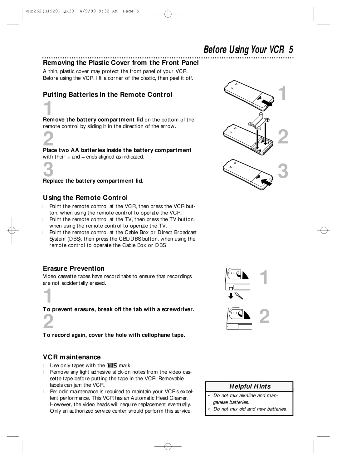 Philips VRZ262AT Removing the Plastic Cover from the Front Panel, Putting Batteries in the Remote Control, VCR maintenance 
