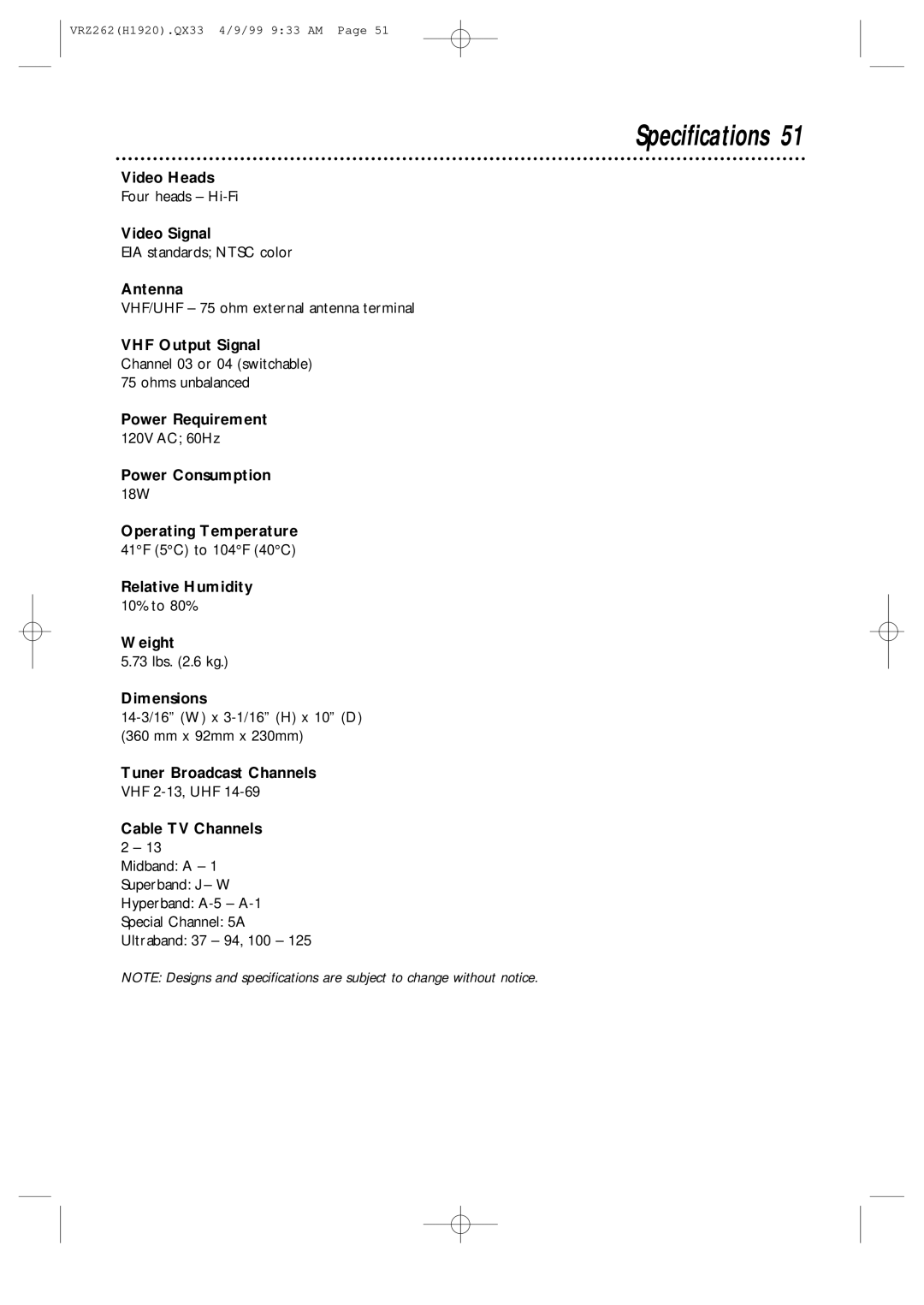 Philips VRZ262AT owner manual Specifications 