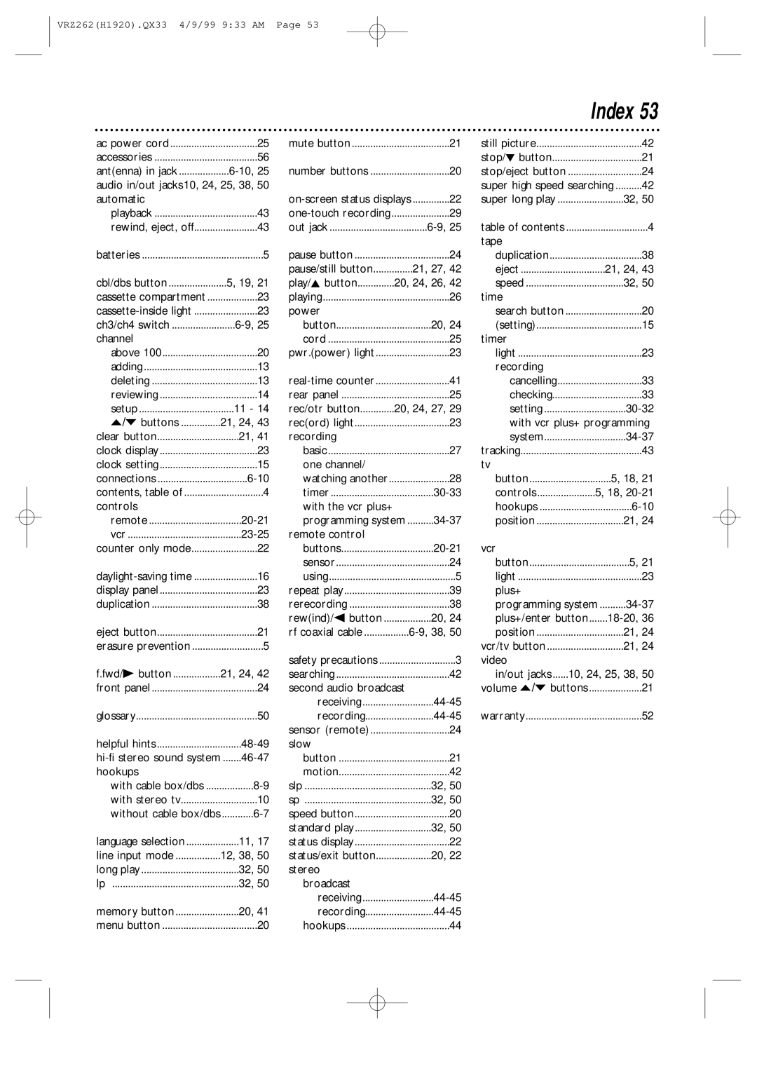 Philips VRZ262AT owner manual Index 