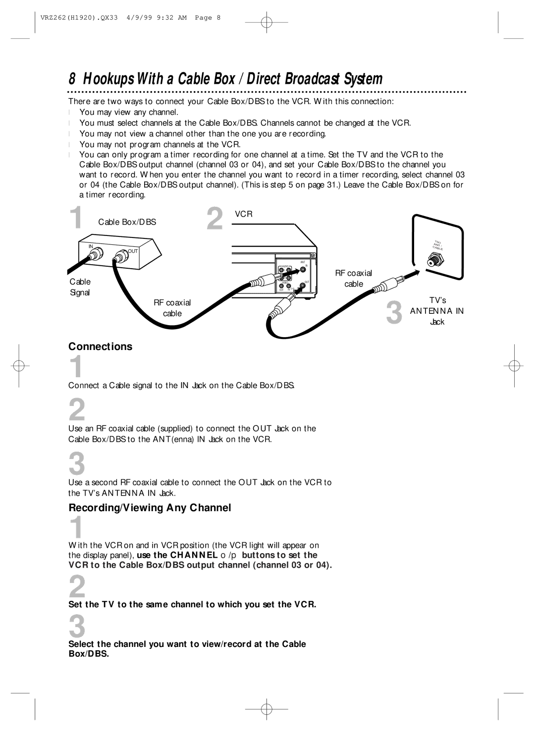 Philips VRZ262AT owner manual Connections, Recording/Viewing Any Channel 