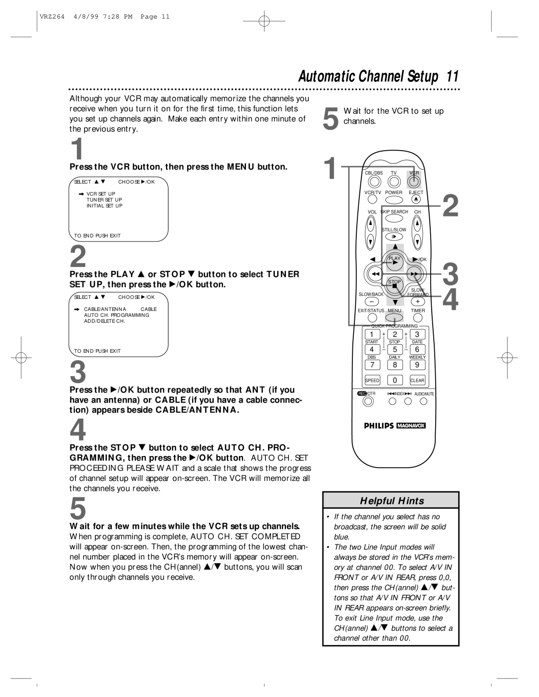 Philips VRZ244, VRZ264 owner manual Automatic Channel Setup, Press the VCR button, then press the Menu button 