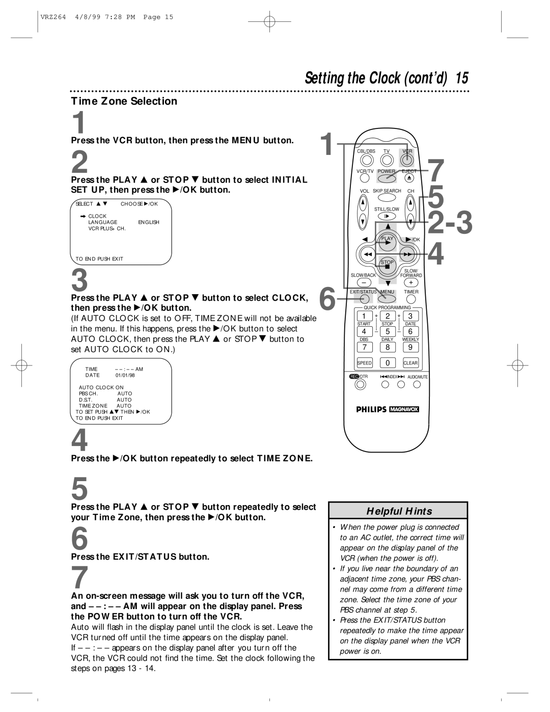 Philips VRZ244, VRZ264 owner manual Time Zone Selection 