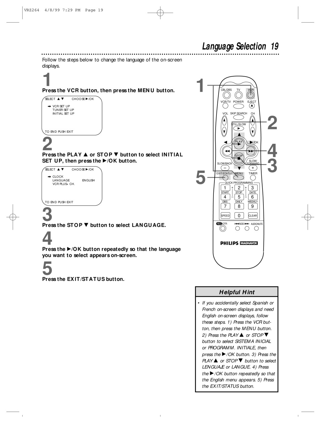 Philips VRZ244, VRZ264 owner manual Language Selection, Press the VCR button, then press the Menu button 