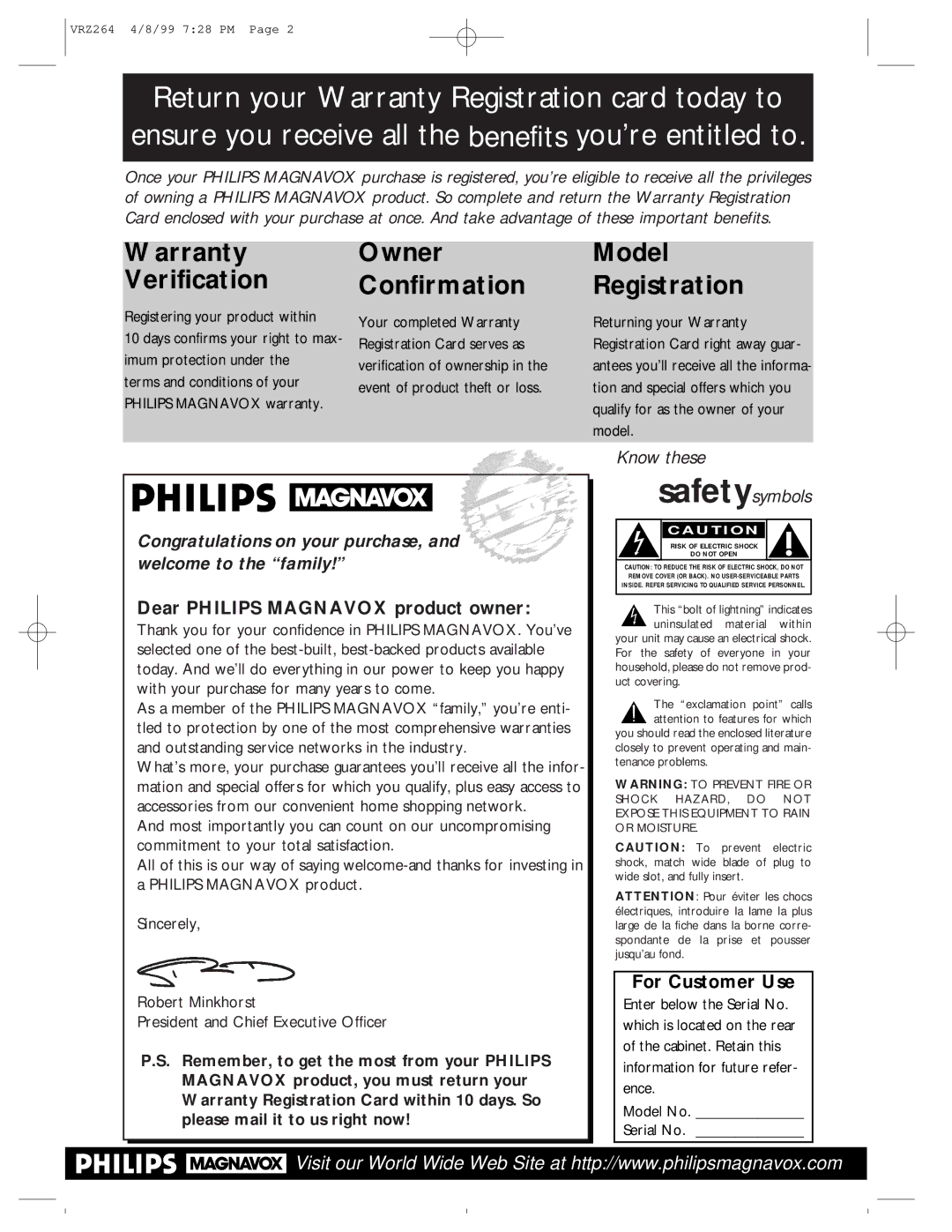 Philips VRZ264, VRZ244 owner manual F7W@3e5L, Dear Philips Magnavox product owner, For Customer Use 