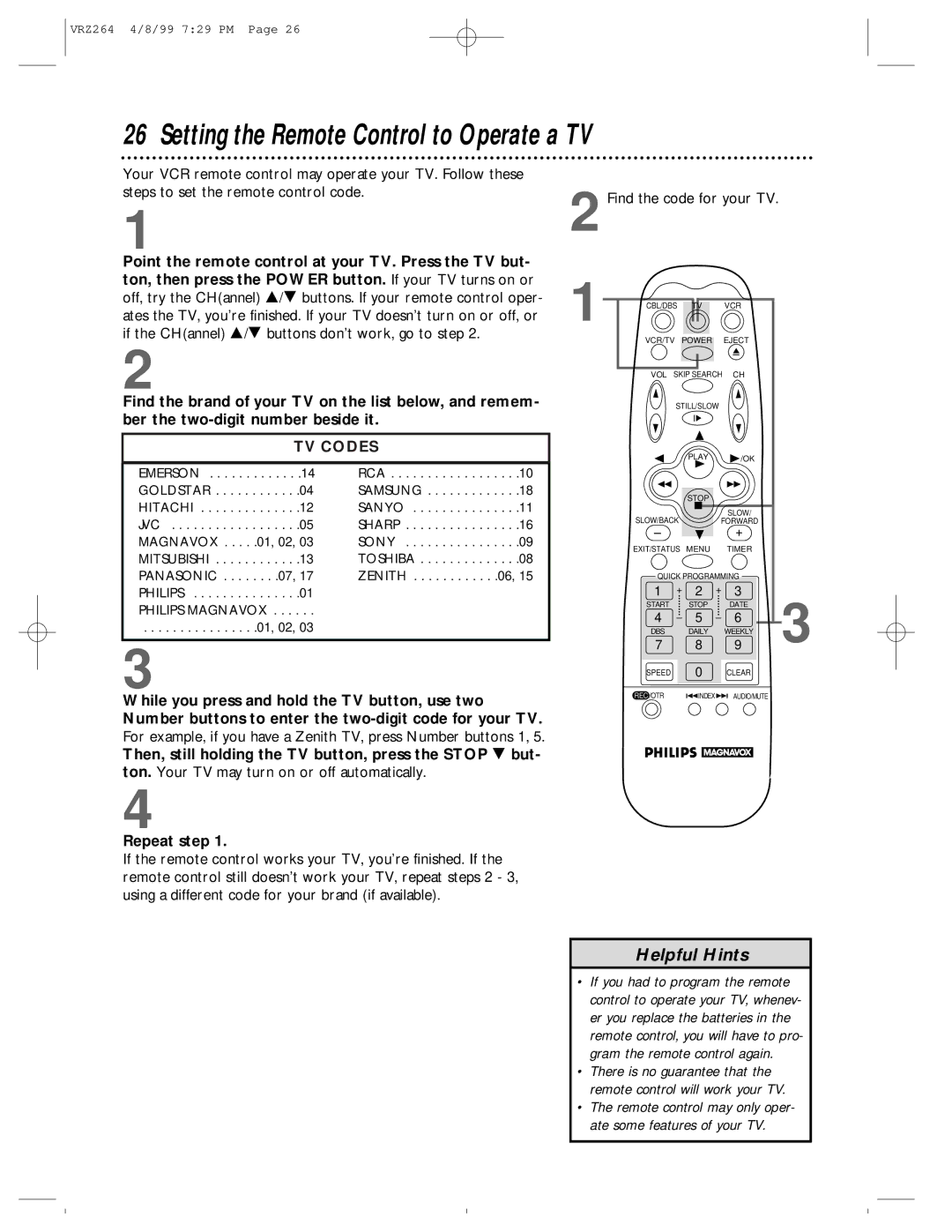 Philips VRZ264, VRZ244 owner manual Setting the Remote Control to Operate a TV, Find the code for your TV 