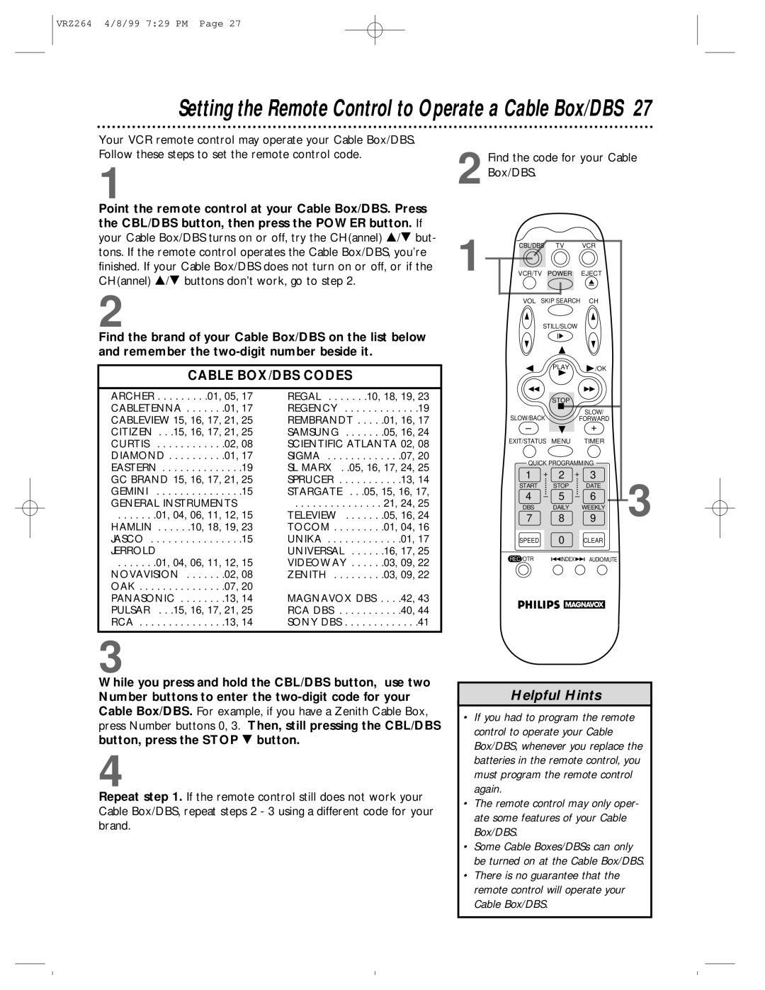 Philips VRZ244, VRZ264 owner manual Setting the Remote Control to Operate a Cable Box/DBS 