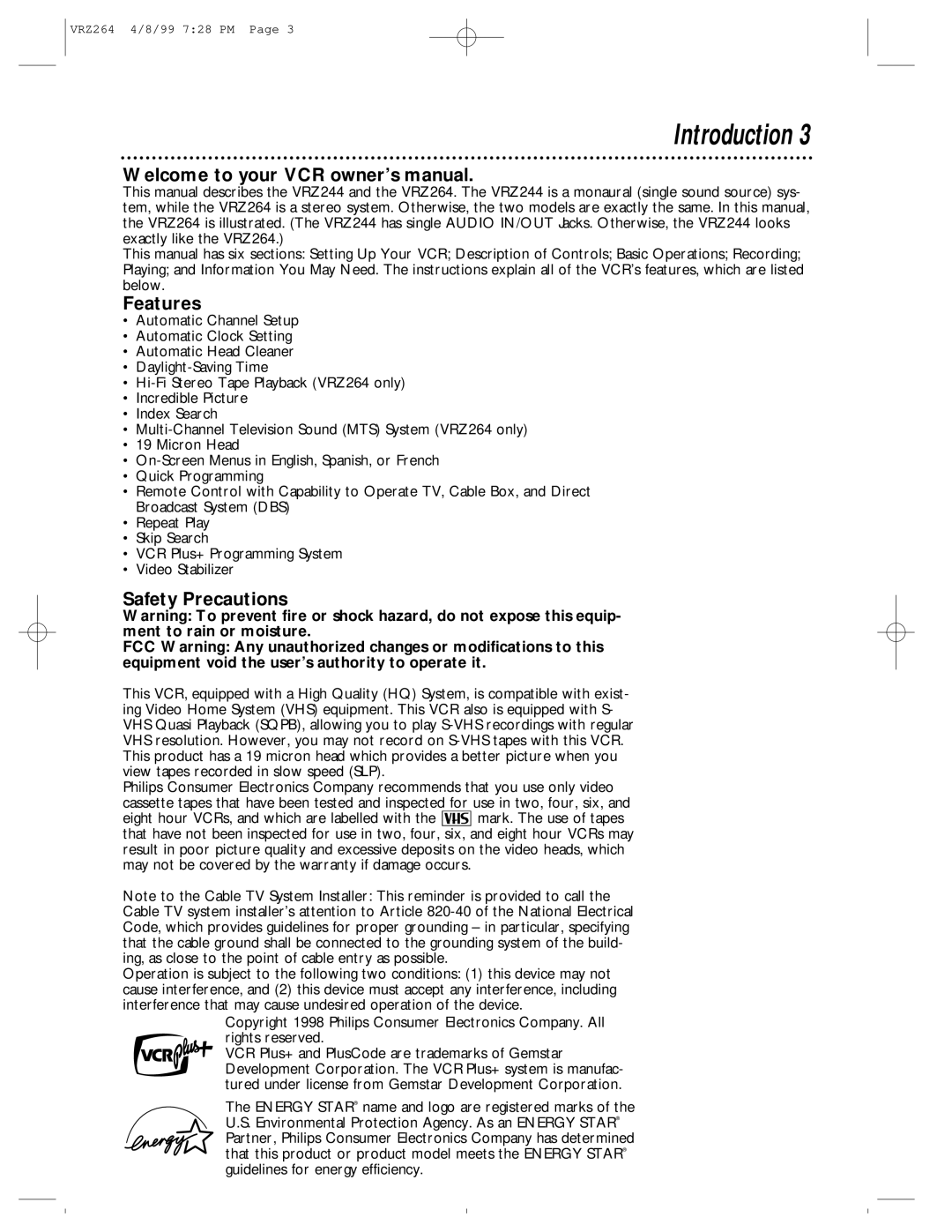 Philips VRZ244, VRZ264 owner manual Introduction, Features, Safety Precautions 