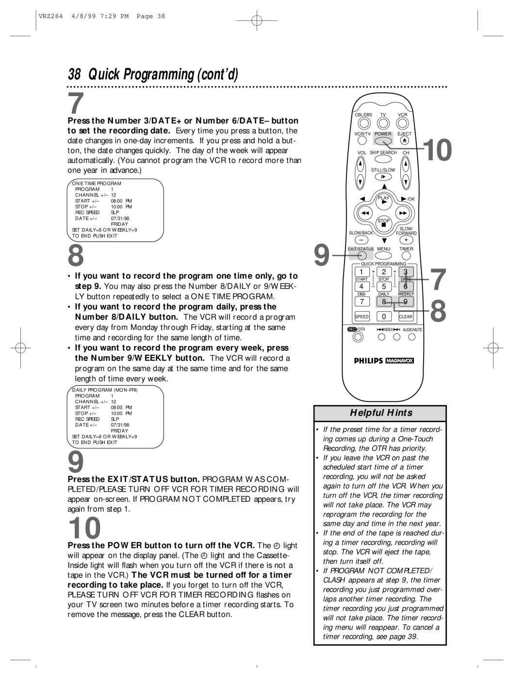 Philips VRZ264, VRZ244 owner manual Quick Programming cont’d 