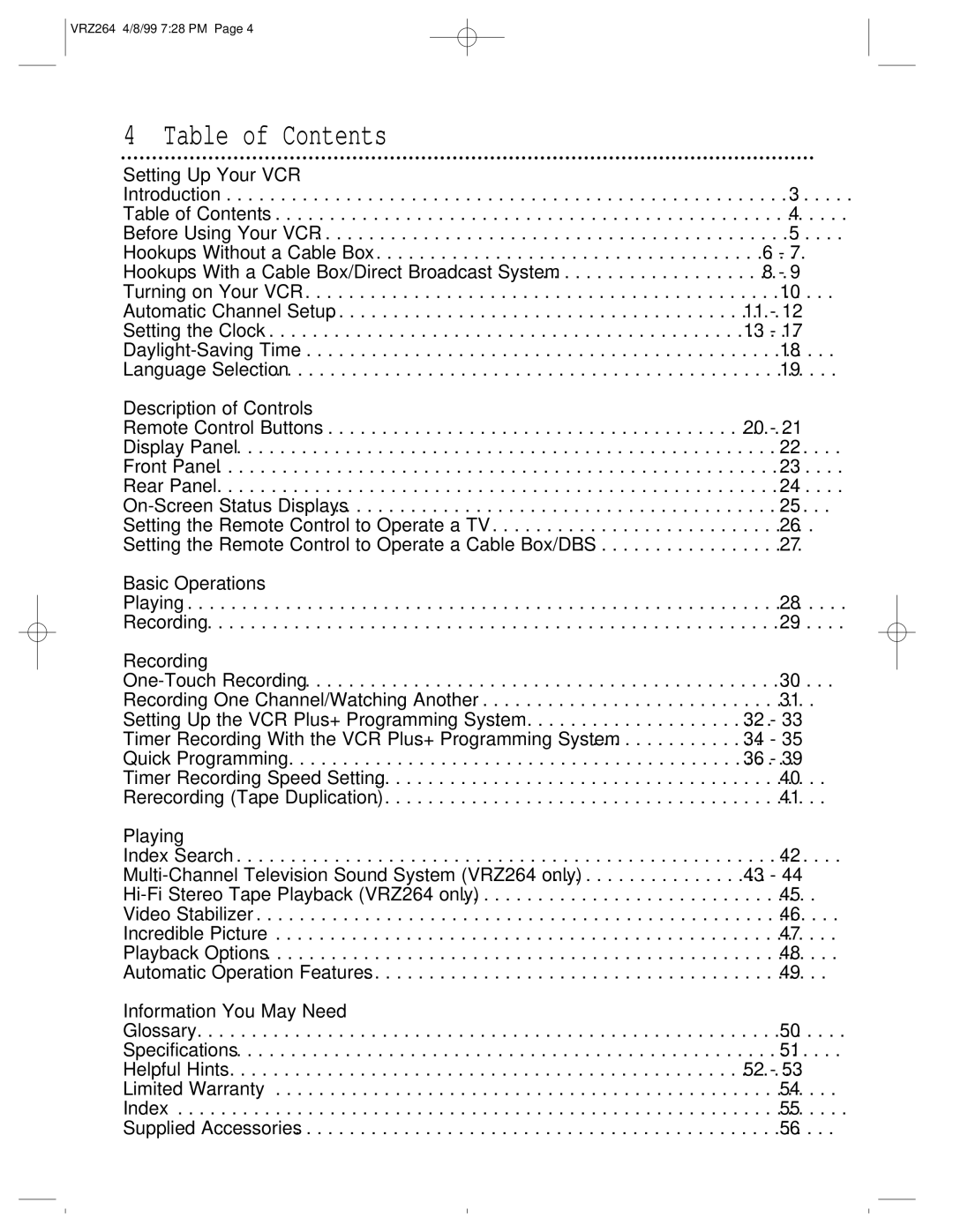 Philips VRZ264, VRZ244 owner manual Table of Contents 