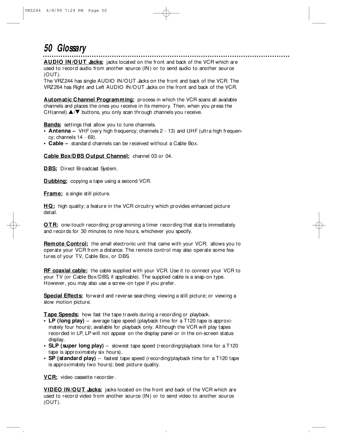 Philips VRZ264, VRZ244 owner manual Glossary, Cable Box/DBS Output Channel channel 03 or 