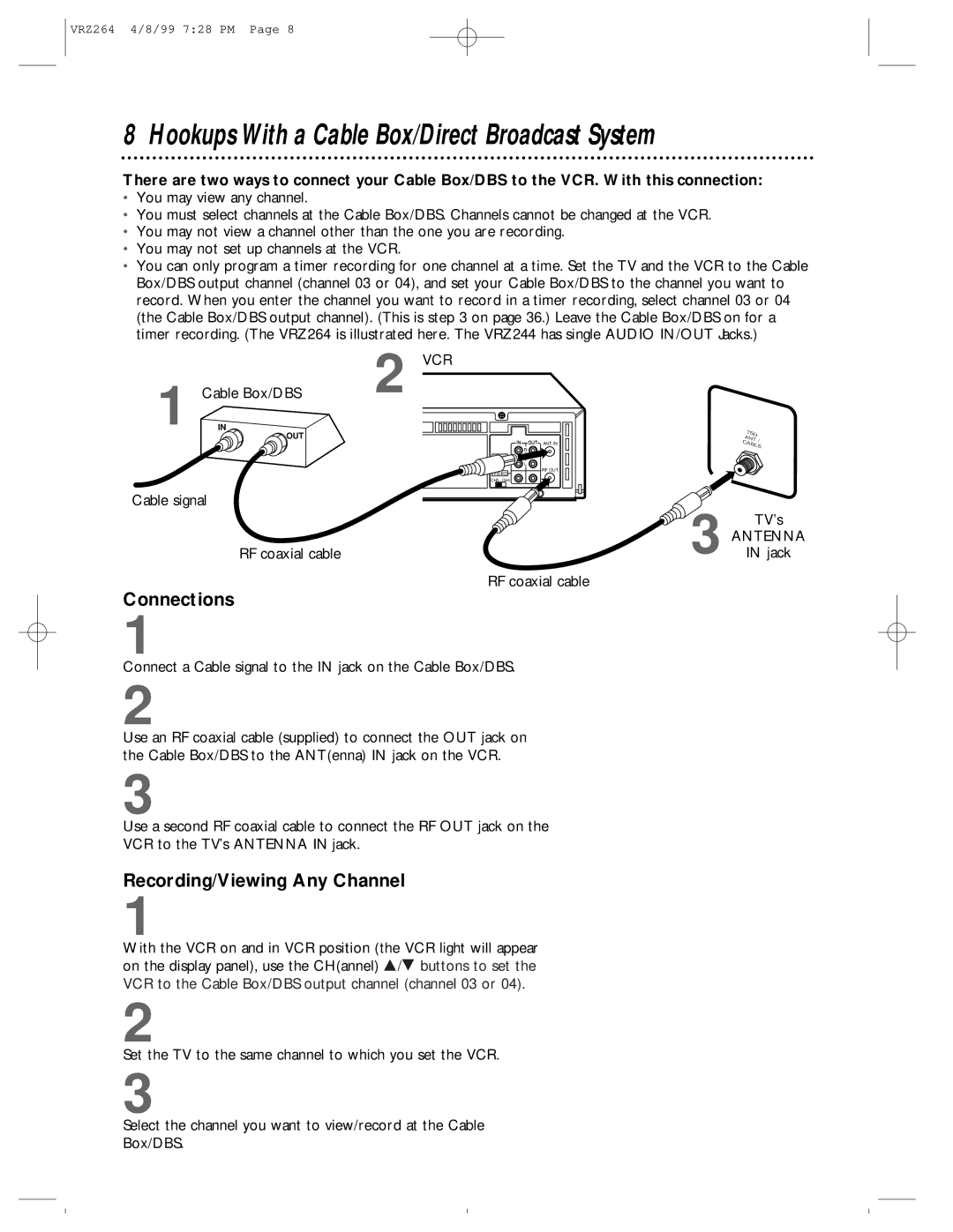 Philips VRZ264, VRZ244 Hookups With a Cable Box/Direct Broadcast System, Connections, Recording/Viewing Any Channel 