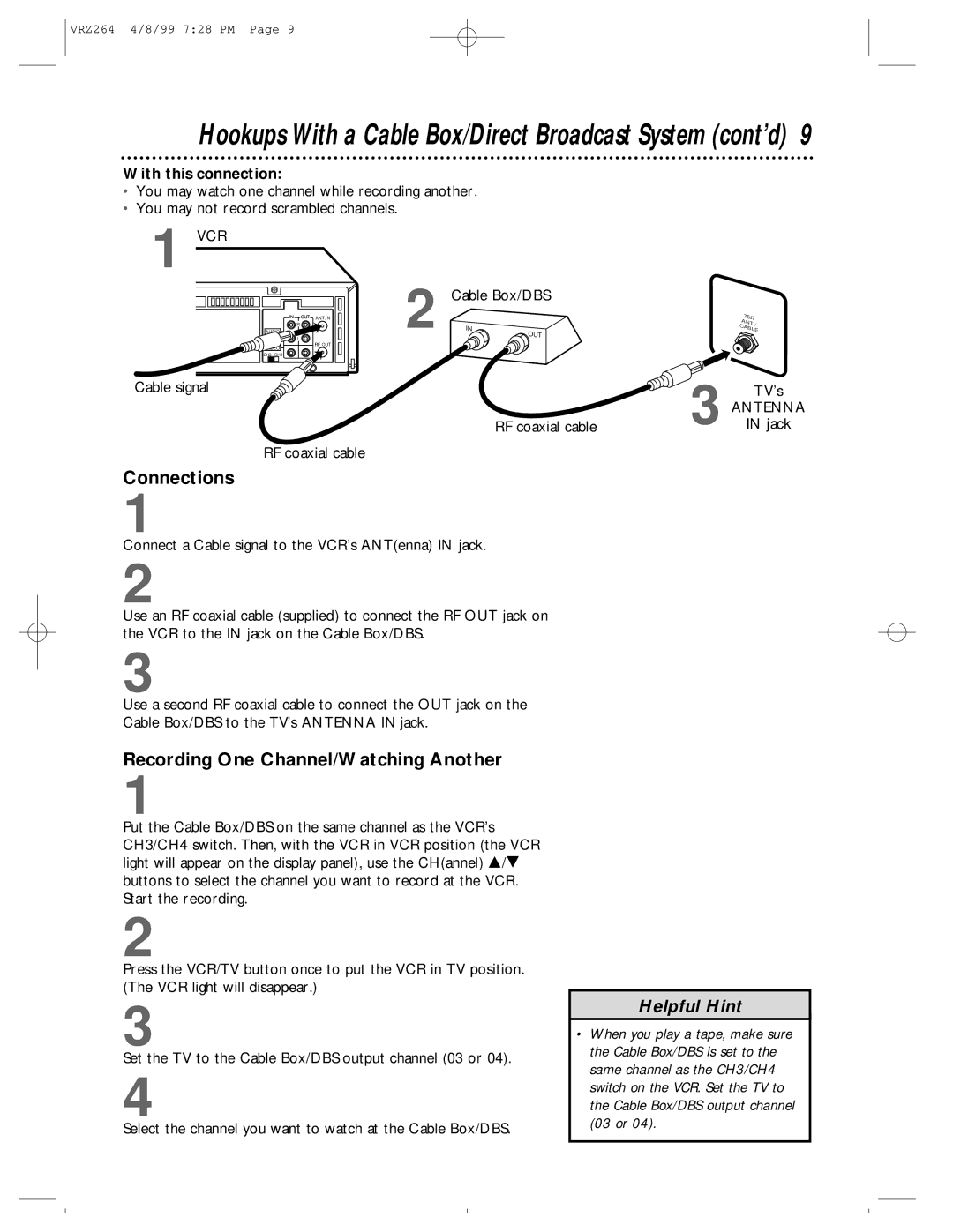 Philips VRZ244, VRZ264 owner manual Recording One Channel/Watching Another, With this connection, Cable Box/DBS 